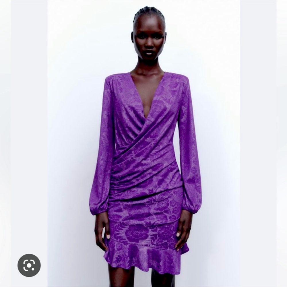 Zara purple jacquard ruffled shirred dress